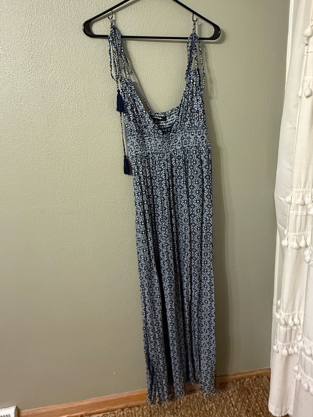 lulus Blue Maxi Dress with Tassel Straps - L